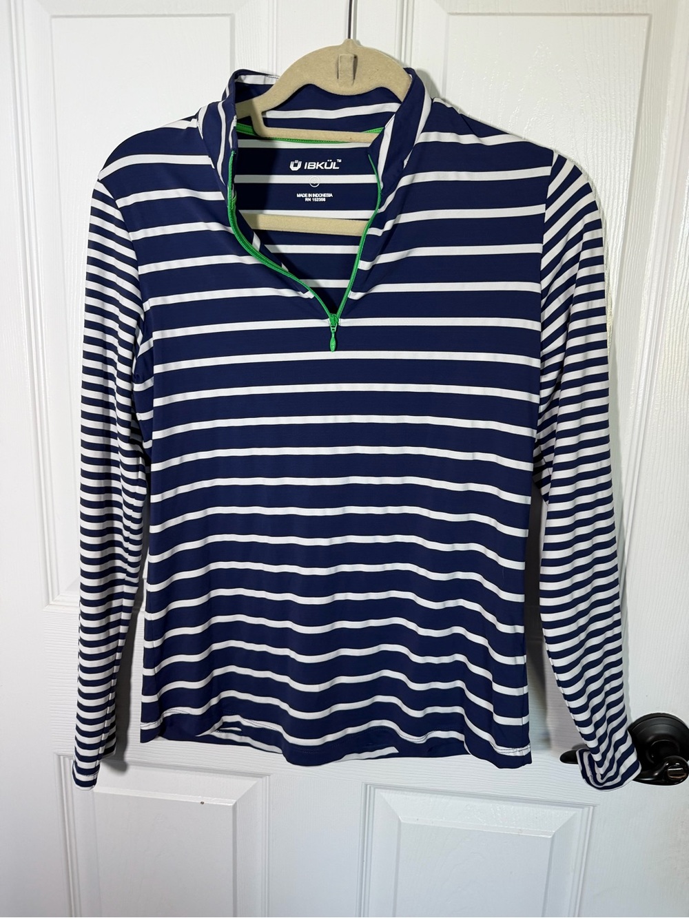 IBKUL Navy & White Striped Quarter-Zip Pullover Performance top small
